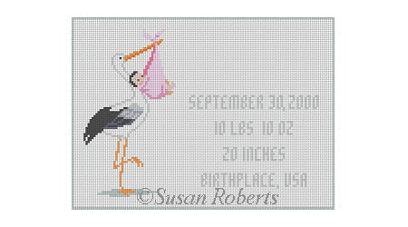 Stork w / Baby, pink, birth data sign