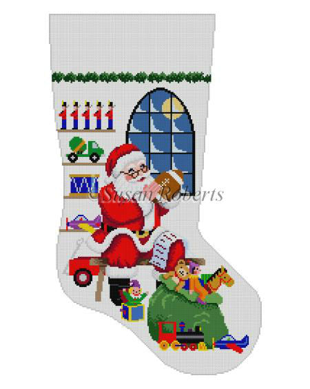 Sitting Santa In Front Of Window, Boy Toys - Stocking