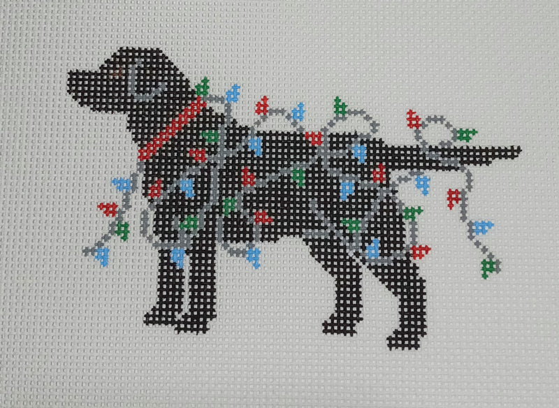 black lab with Christmas lights