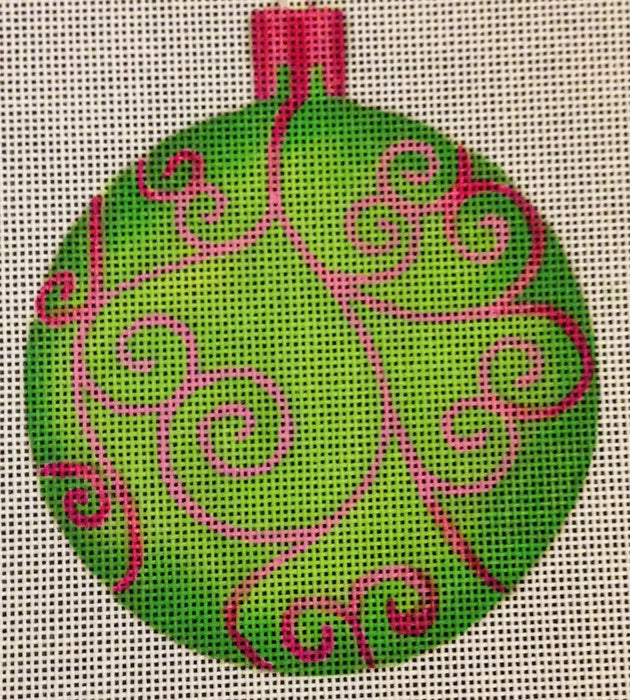 Ornament - Green w/ Pink Scroll