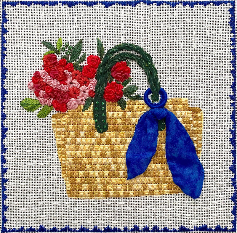 Lindsay Brackeen – Straw Bag w/ Blue Scarf & Flowers
