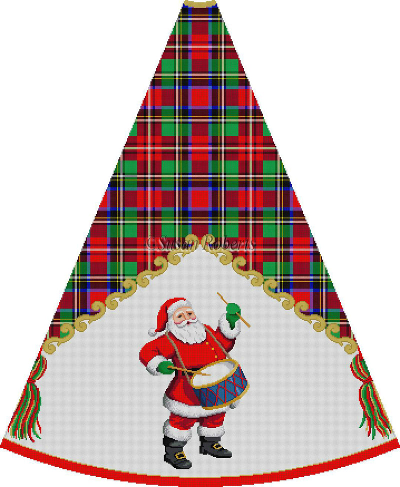 Red Suit Santa Playing Drum - Tartan - Tree Skirt