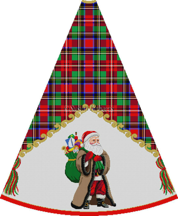 Santa In Brown Coat With Toy Bag On Back - Tartan - Tree Skirt