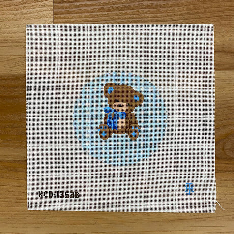 Teddy Bear on Gingham Round - Blue