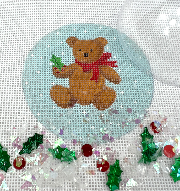 Christmas Ornament w/ Clear Dome Cover & Confetti – Teddy Bear w/ Red Bow on Snowy Sky
