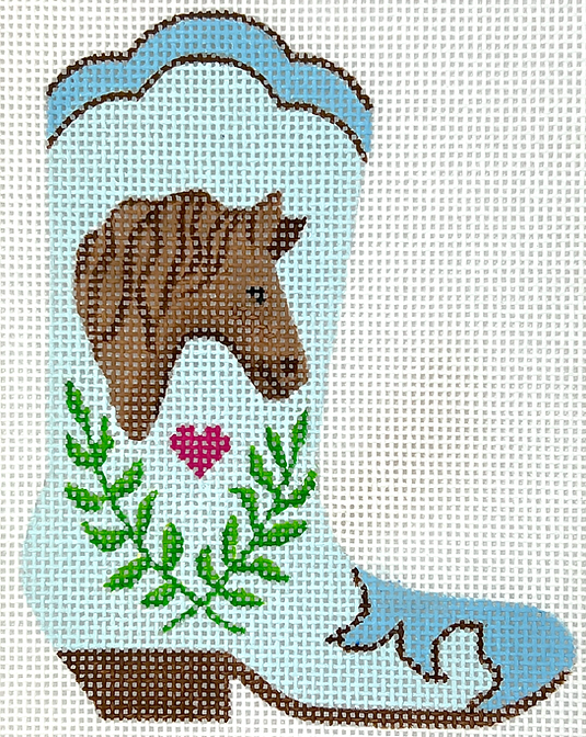 Mini Cowgirl Boot – Horse Head & Laurel Wreath & Heart – on sky blue