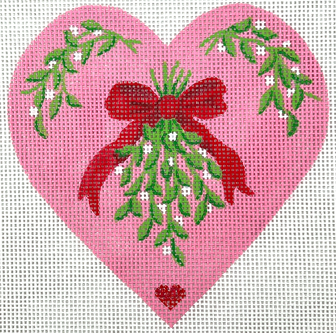 Christmas Ornament – Pink Heart w/ Mistletoe & Red Bow