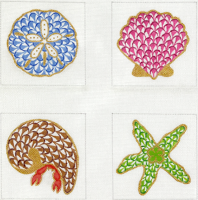 Set of 4 Coasters – Fishnet Shells & Sea Life – blues, greens, pinks & cinnabars