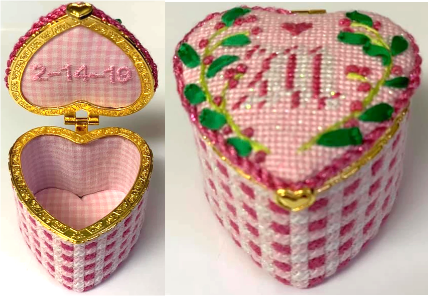 Limoges Box – Petite Heart Box – Pink Gingham w/ Floral Vine (rose gold clasp)