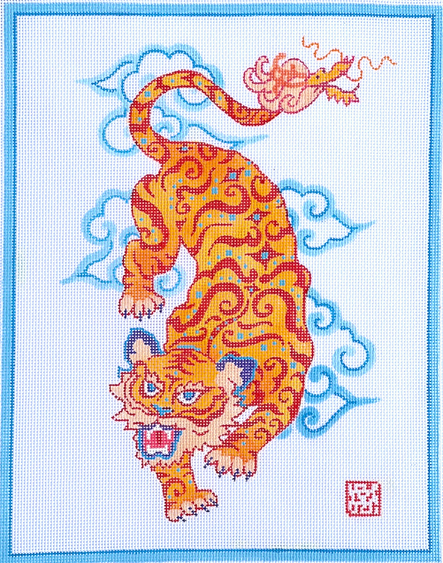 Gabby Malpas – Roaring Tiger with Stylized Clouds and Blue Border