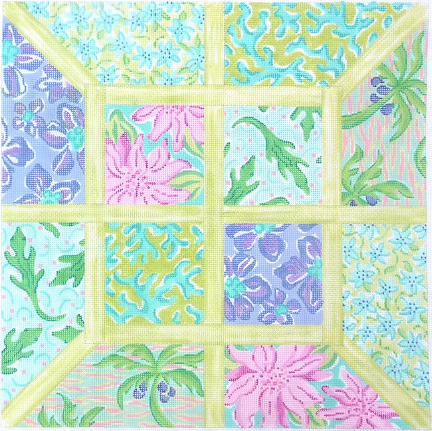 Lg. Sq.– Lilly-inspired Lattice Patchwork – turquoise, periwinkle, violet & greens