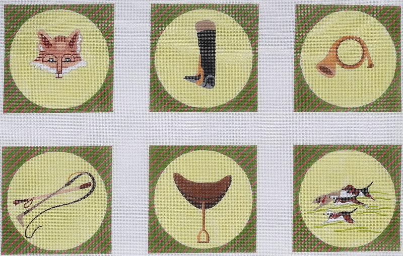 Set of 6 Coasters – Hunt themes – natural tones on greens