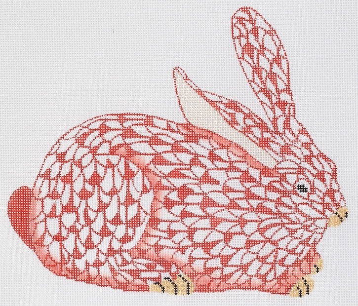 Herend-inspired Fishnet Crouching Bunny – cinnabar w/ gold (facing right)