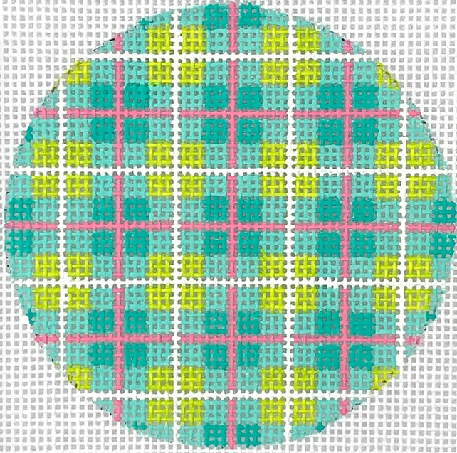 3" Round – Madras Plaid – turquoise, lime & watermelon w/ deep turq. letter
