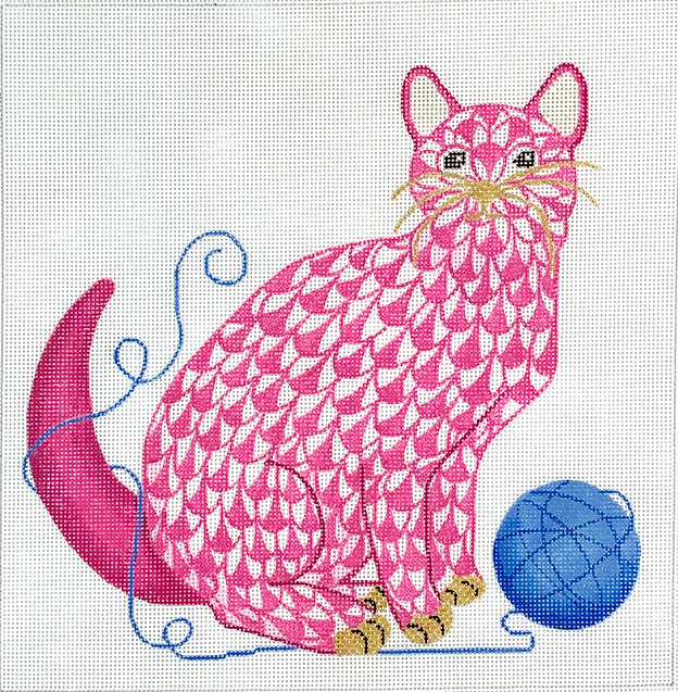 Herend-inspired Fishnet Cat w/ Ball of Yarn – pink & blue w/ gold  (can be stitched as a stand-up)