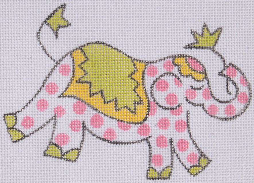 Jilly Walsh Ornament/Mini – Elephant – Pink Polka Dots w/ Green & Yellow