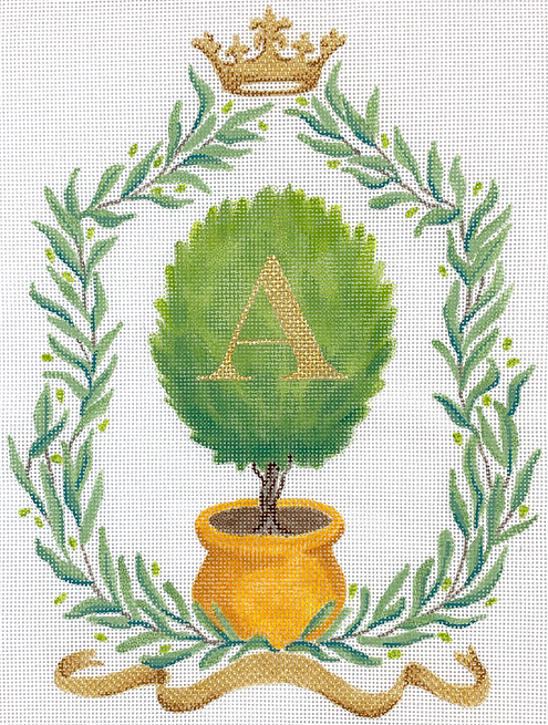 Monogram Crest – Olive Branches w/ Olive Topiary, Crown & Gold Ribbon