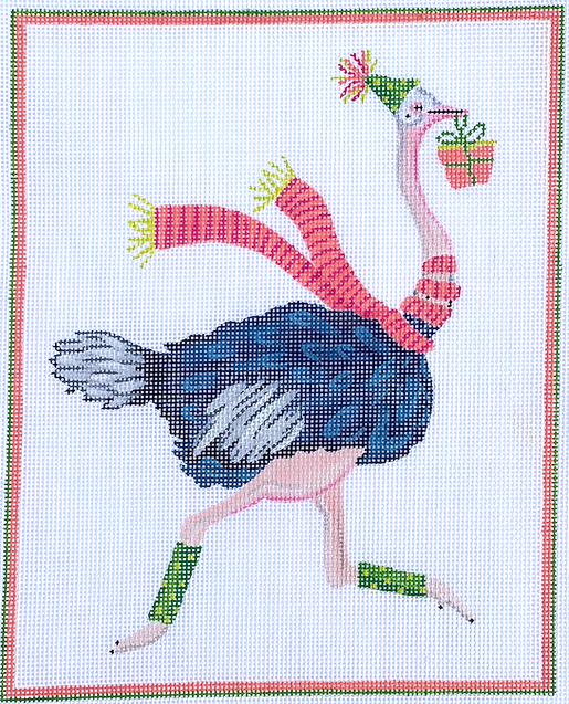 Lindsay Brackeen – Party Animal Ostrich w/ Party Hat, Gift and Striped Scarf
