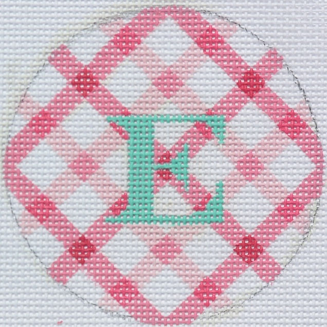 3" Round – Pinks Double Crisscross Gingham, Turquoise Letter