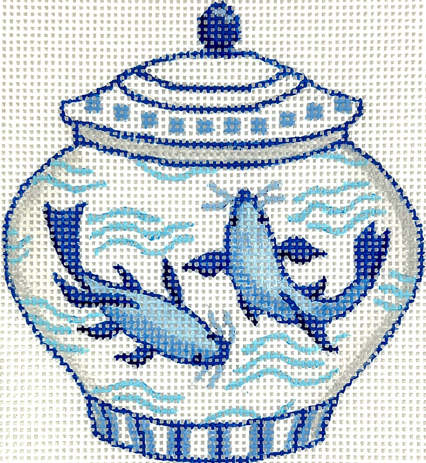 Mini Chinese Vase – Short Blue & White w/ Koi Fish