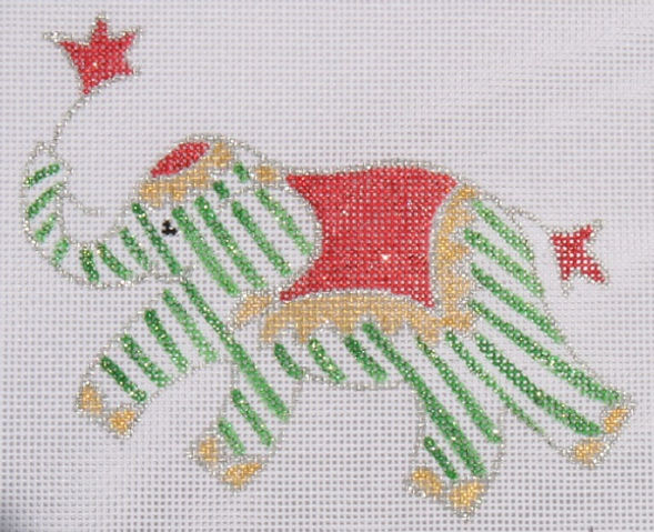 Jilly Walsh Ornament/Mini – Elephant – Green Stripes w/ Red, Silver & Gold (Christmas)