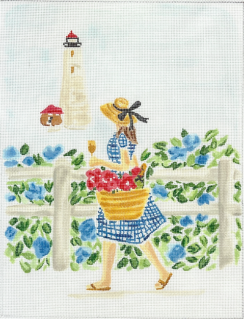 Lindsay Brackeen – Summer Stroll – Blue Gingham Girl w/ Champagne & Lighthouse