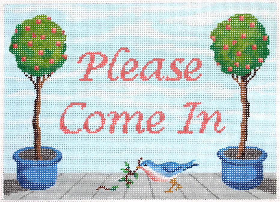 “Please Come In” Topiaries in Blue Pots & Bluebird w/ Coral Lettering on Sky