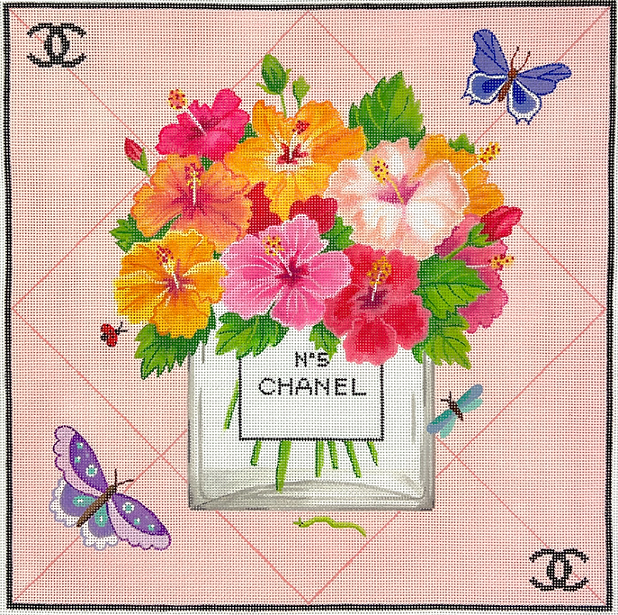 Designer Scarf Series – Chanel-Inspired Flowers in No. 5 Bottle w/ Butterflies – on blush pink