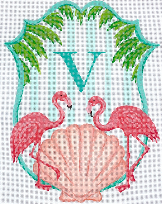 Monogram Crest – Flamingos, Scallop & Palm Branches w/ Aqua Stripes