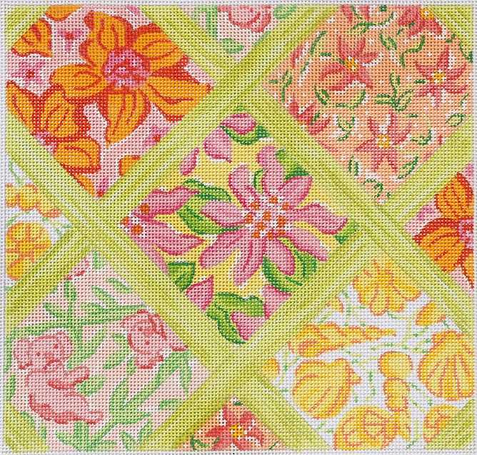 Med. Sq.– Lilly-inspired Lattice Patchwork – yellows, pinks, corals & greens