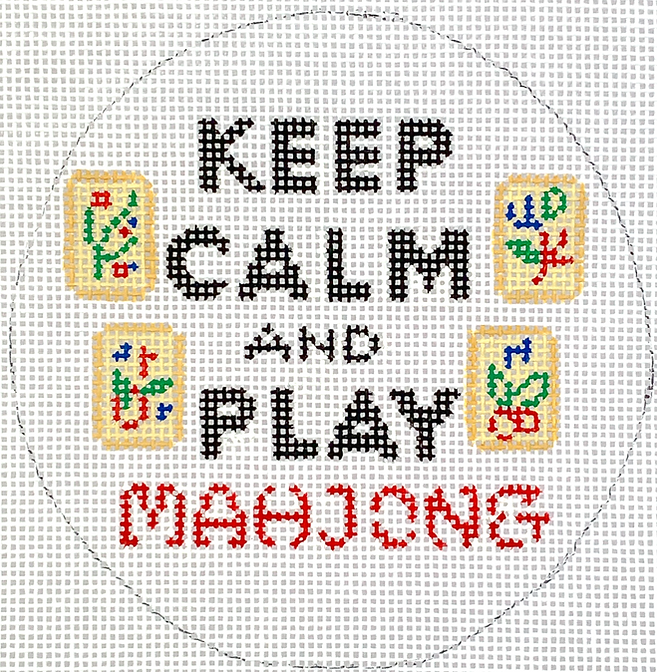 4” Round – Keep Calm & Play Mahjong – red, black, ivory, green & blue on white