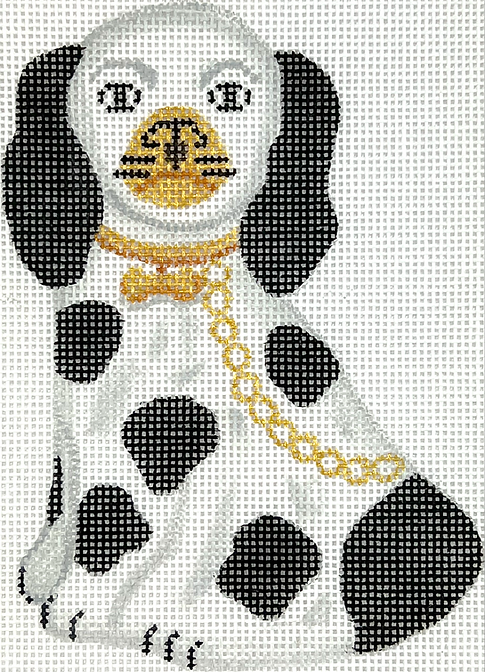 Mini Staffordshire Dog – White & Black w/ Gold Chain & Dog Bone Tag