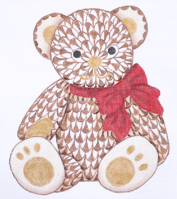 Herend-inspired Fishnet Teddy Bear – brown w/ gold & red ribbon