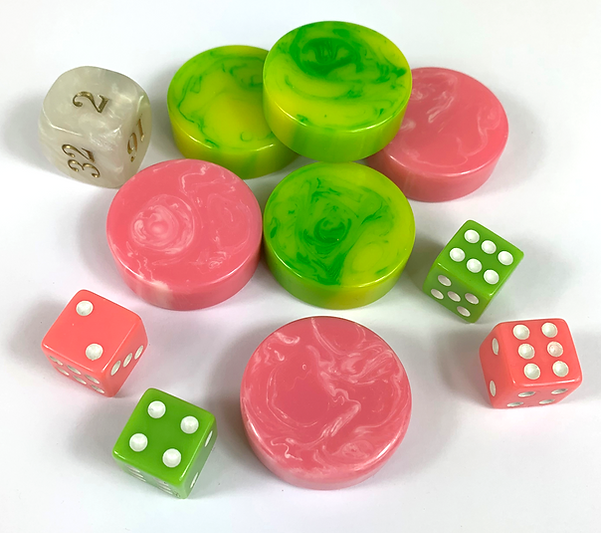 Accessory Set for Backgammon Board BGB-02 – pinks, greens & white (4 colored dice, 1 doubling cube & 32 marbleized checkers)