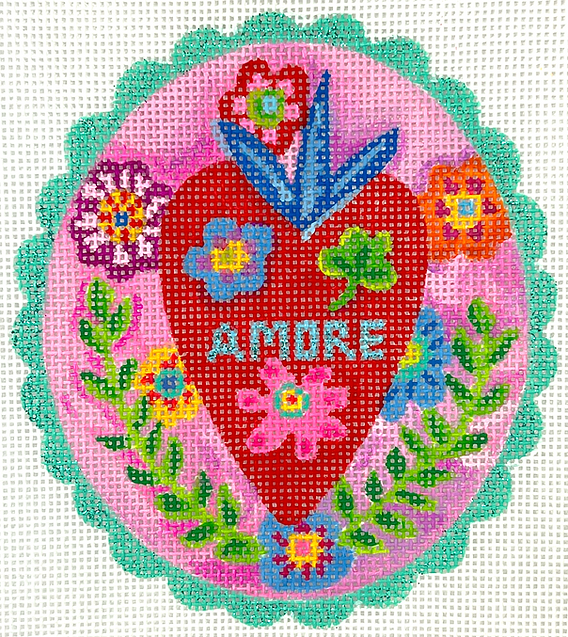 Julia Eves – “Amore” Red Heart w/ Flowers & Leaves on Pink w/ Sparkly Turquoise Border