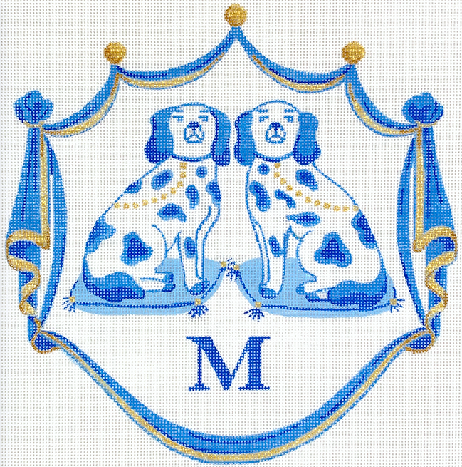 Monogram Crest – Staffordshire Dogs on Cushions – blues, white & gold