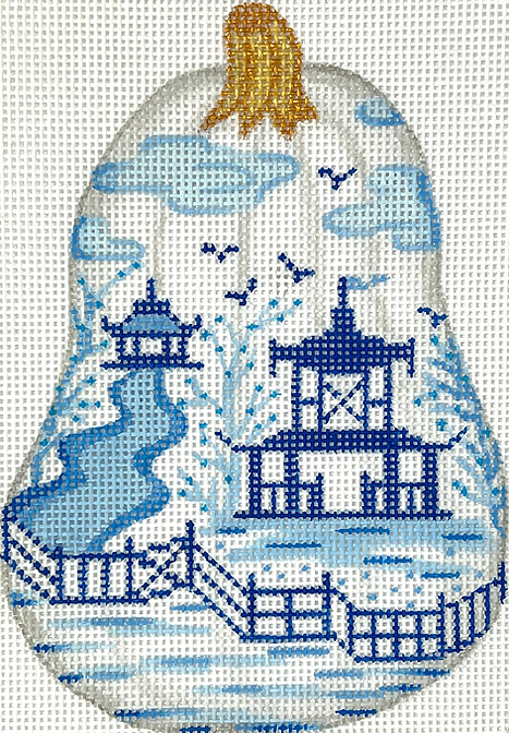 Mini Chinoiserie Pumpkin – Tall Gourd Shaped w/ Pagodas & Fence – white w/ blues & golds