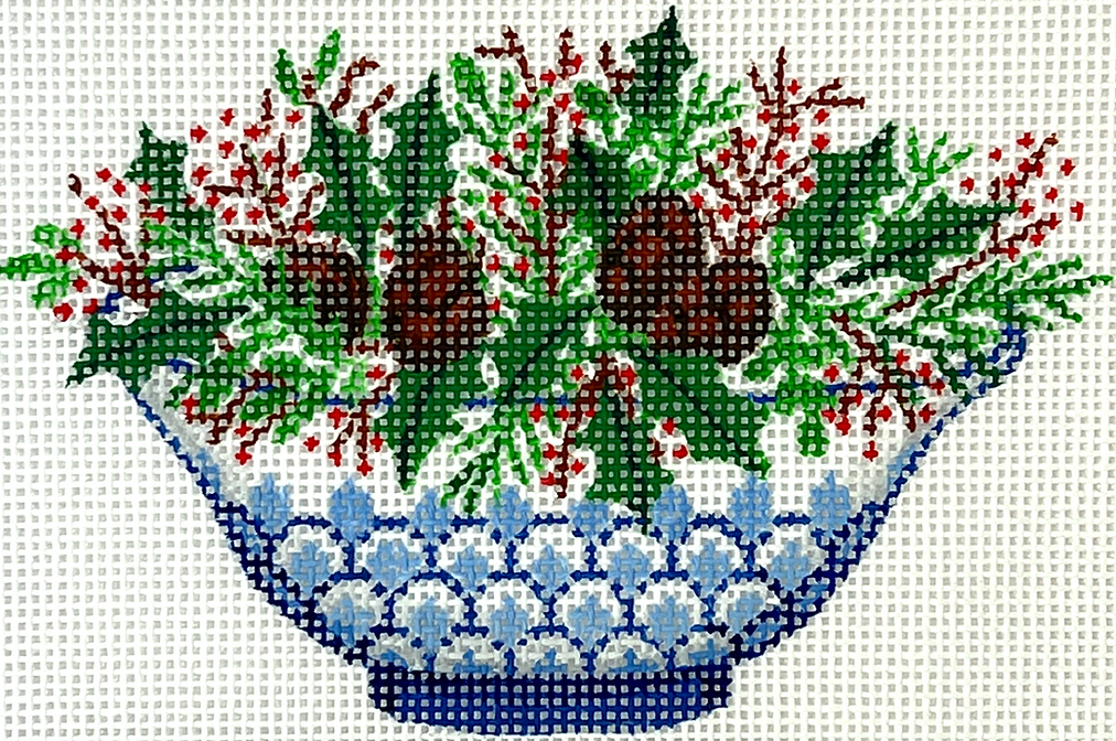 Christmas Ornament – Chinese Bowl – Blue & White w/ Greenery, Pine Cones & Red Berries