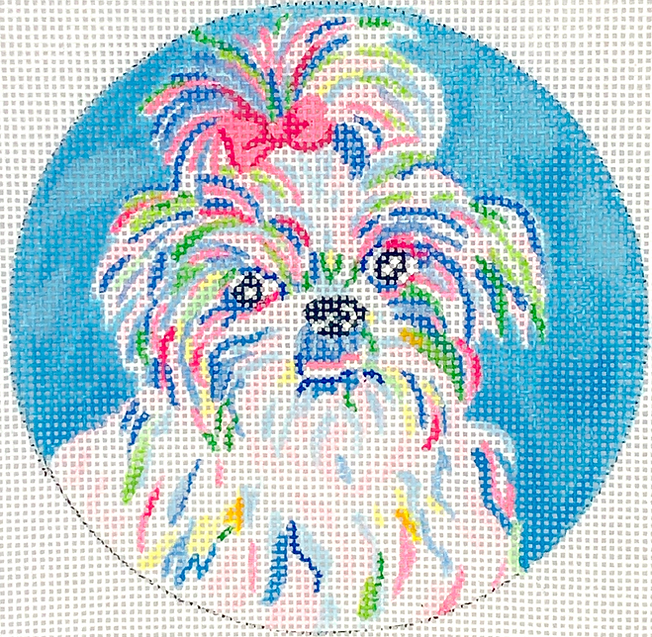 Megan Carn Ornament/Mini – Shih Tzu with Pink Bow – on medium blue