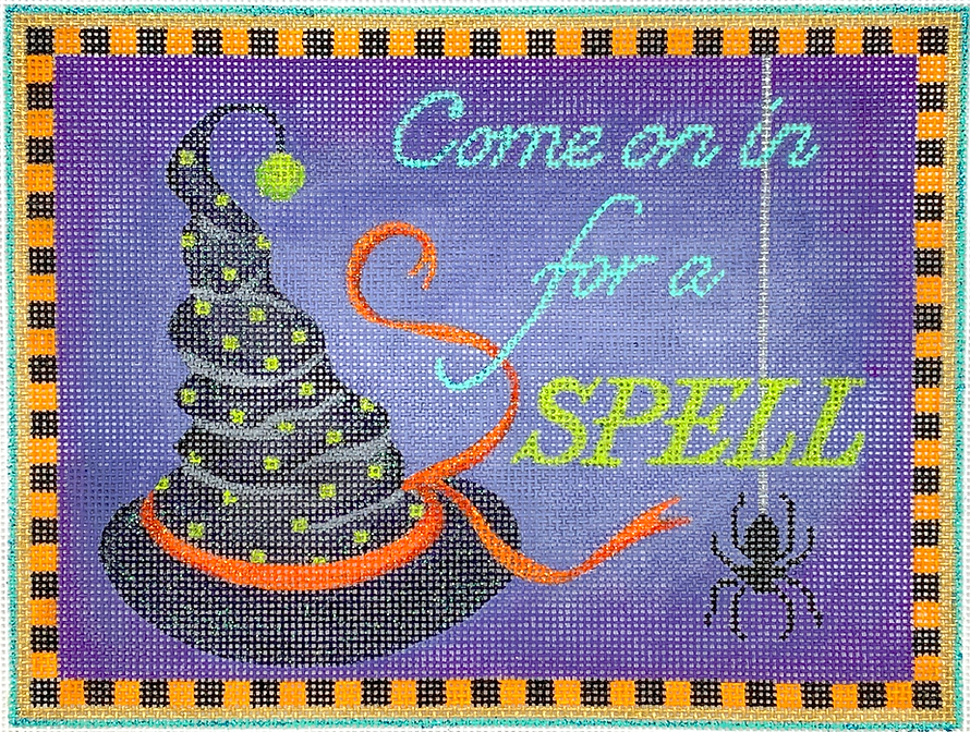 “Come on in for a SPELL” with Witch’s Hat and Spider – purple, orange, gold, black, turquoise & lime
