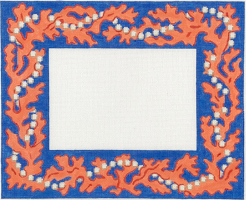 Frame – Bright Coral and Pearls – corals & pearlized white on bright blue