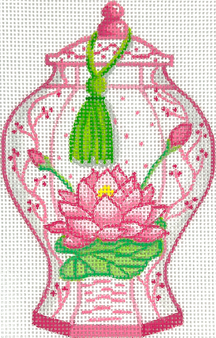 Mini Chinese Vase – Tall Pink, Green & White w/ Lotus Flower & Green Tassel