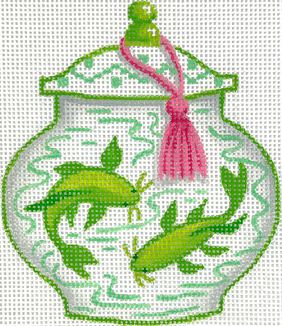 Mini Chinese Vase – Short Lime & White w/ Koi Fish & Pink Tassel