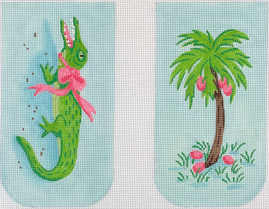 Glasses/ Phone Case – Gator & Palm Tree – pinks, greens & browns on soft Caribbean (full-size)