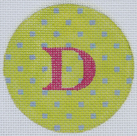 3" Round – Lime w/ Periwinkle Small Dots, Magenta Letter