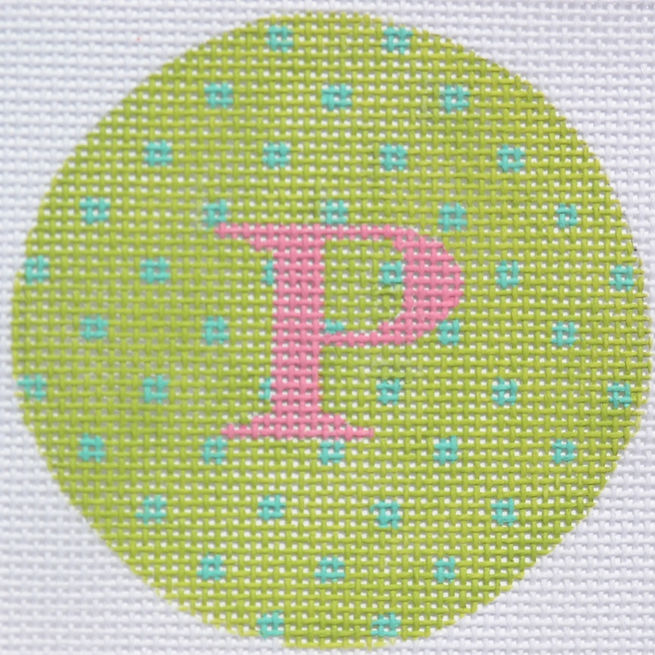 3" Round – Lime w/ Turquoise Small Dots, Med. Pink Letter