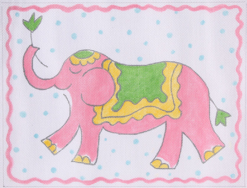 Jilly Walsh – Elephant – pink, yellow & green on blue dots