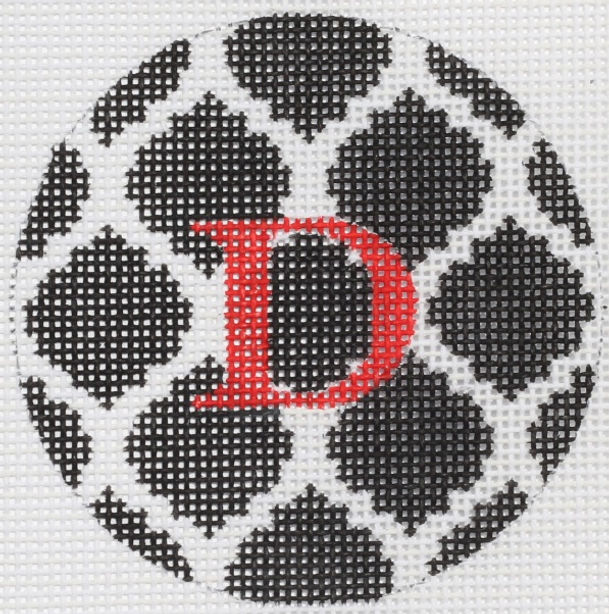 3" Round – Black & White Quatrefoil Damask, Red Letter