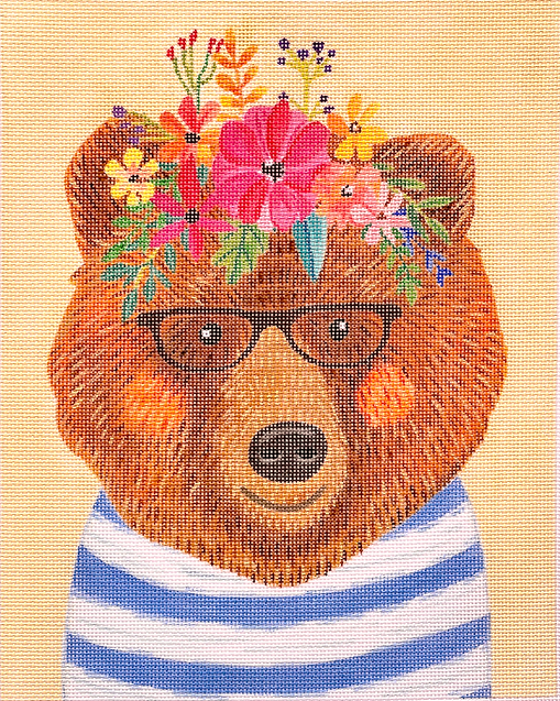 Mia Charro – Bear in Striped Shirt w/ Glasses – on creamy yellow