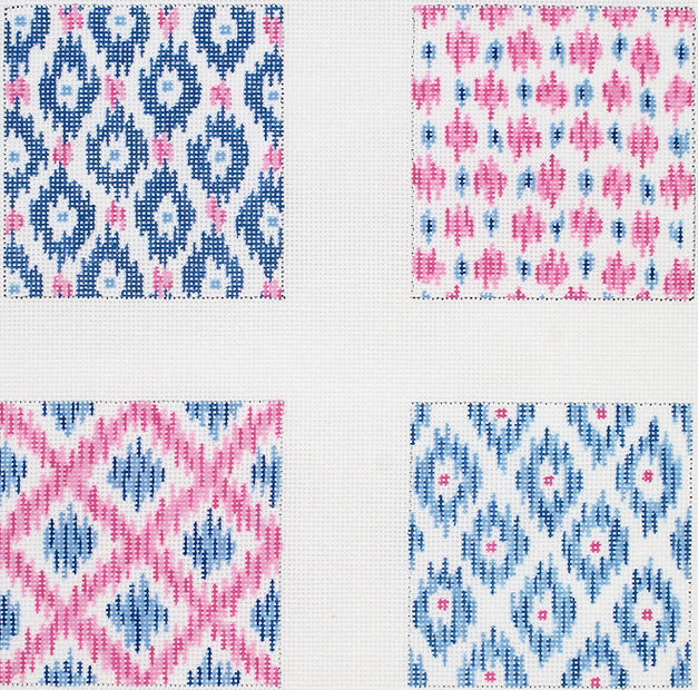 Set of 4 Coasters – Mixed Ikats – pinks and blues
